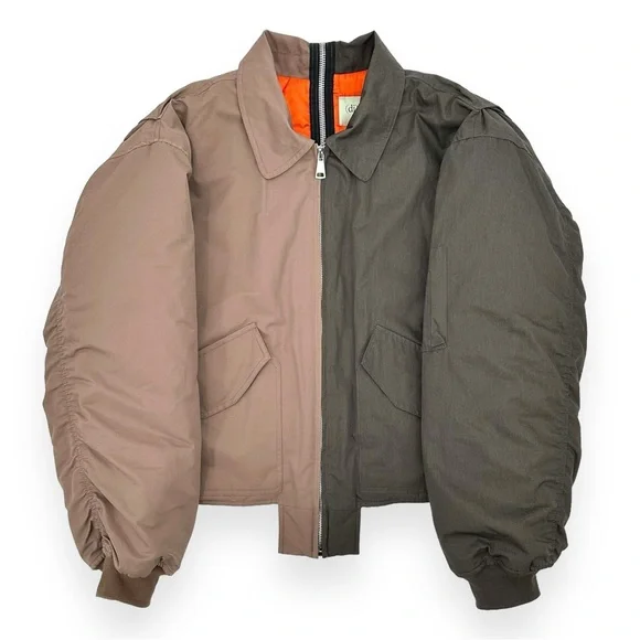 Division Upcycled Oversized Split Bomber Jacket - Sand & Gray sz XL